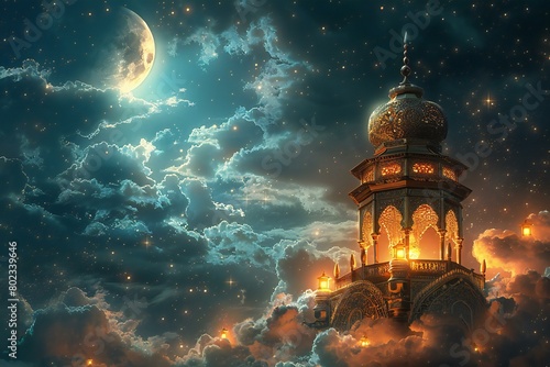 Ramadan Kareem background with moon and mosque, rendering