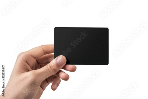 Hand displaying a blank business card with a clean white background