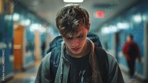 Distressed student facing bullying in a dim school hallway. Concept Bullying, Student, School Hallway, Distressed, Dim Lighting
