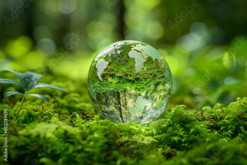 Glass globe in the forest with green grass and leaves, Environment conservation concept