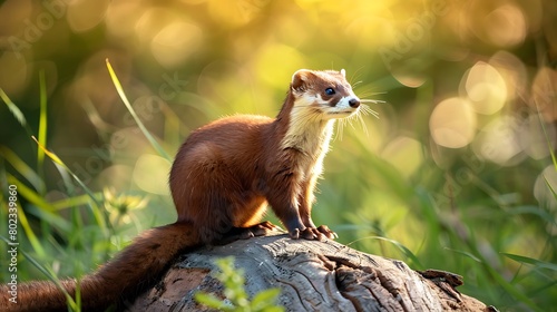 : Mustela erminea stood on a log and facing right in natural grassy habitat Concept photo