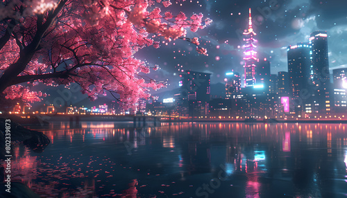 The nighttime Japanese cityscape is a blend of modern and traditional elements, featuring neon lights, skyscraper buildings, and a pink cherry sakura tree.