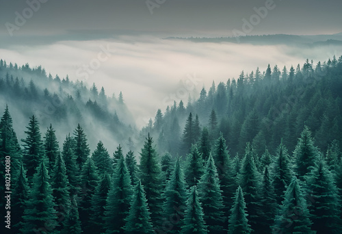 The dramatic wall fir-tree forest against the gray sky in the fog for creative background. 2D illustration