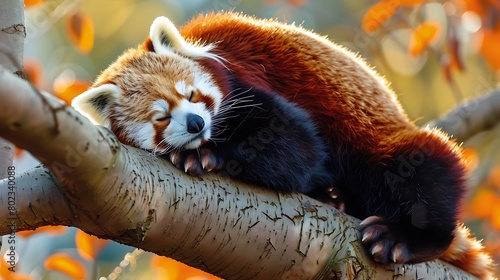 A red panda rests oon a tree this endangered specie is also known as lesser panda or red cat bear photo