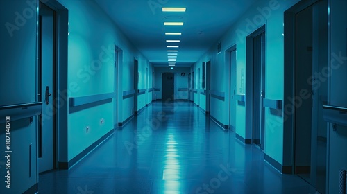 Serene Hospital Corridor at Night with Blue Lighting