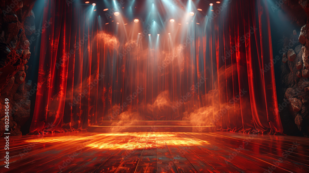 Fototapeta premium red curtains of the theater stage, the glow of spotlights casts a mesmerizing aura, setting the scene for an unforgettable performance