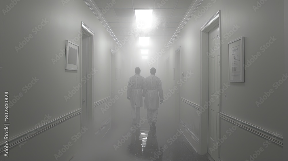 Eerie Misty Corridor in Medical Facility with Silhouetted Figures