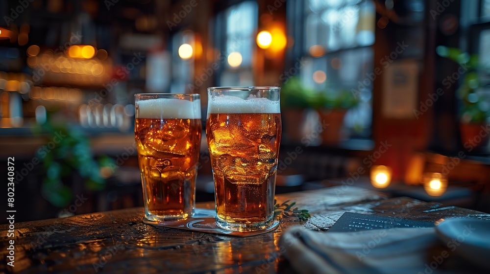 Two Glasses of Beer on a Wooden Table in a Cozy Pub