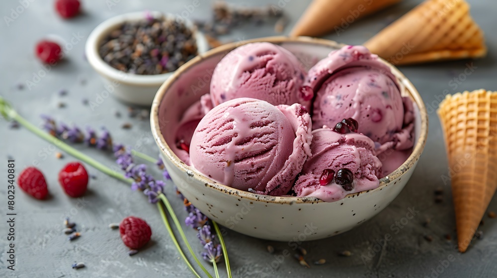Berry ice cream scoops in a bowl with lavender flowers and waffles cones on a gray background Berry ice cream scoops in a bowl with lavender flowers and waffles cones on a gray background
