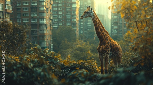 giraffe walking in the city around the apartment buildings, blocks. photo
