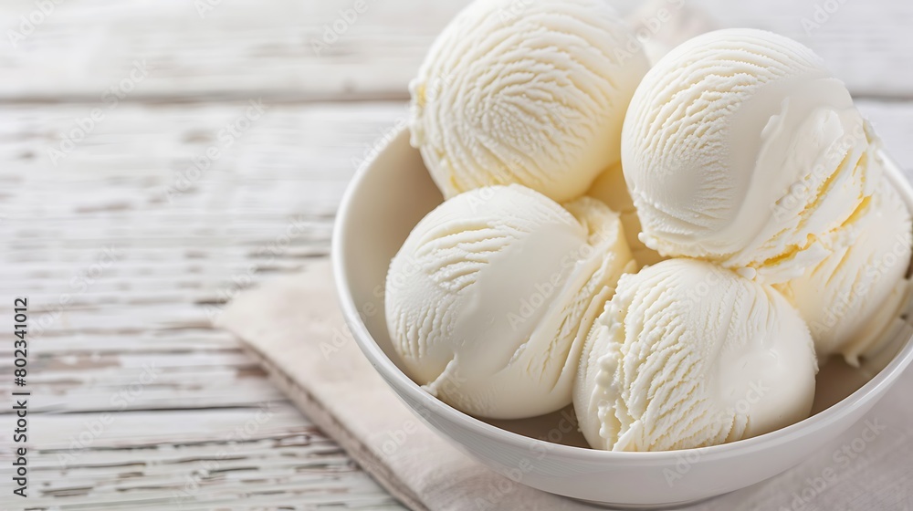 Bowl with vanilla ice cream balls on white wood background Bowl with vanilla ice cream balls on white wood background