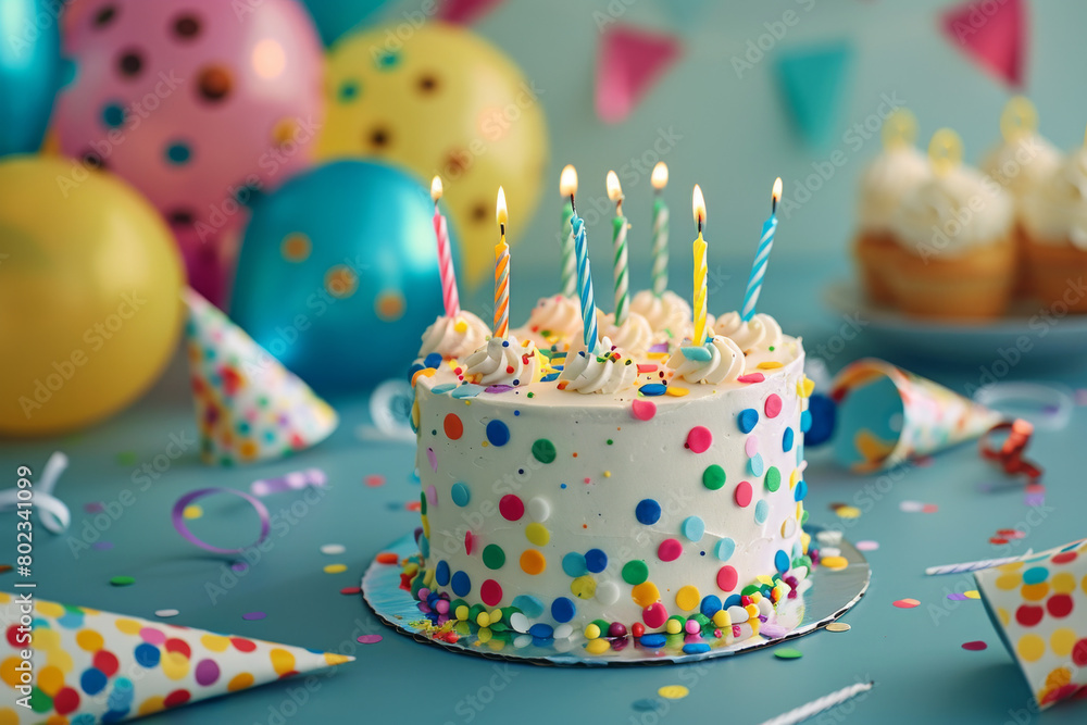 Festive Fun, Lively Birthday Cake with Noisemakers and Decorative Elements Festive Fun, Lively Birthday Cake with Noisemakers and Decorative Elements