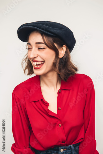 Mulher com roupas vermelhas e chapéu rido no fundo braco photo