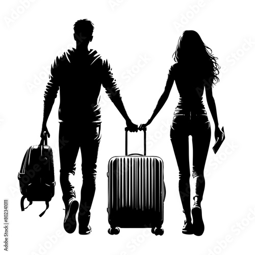 Silhouette of a couple walking with travel suitcase. Vector illustration