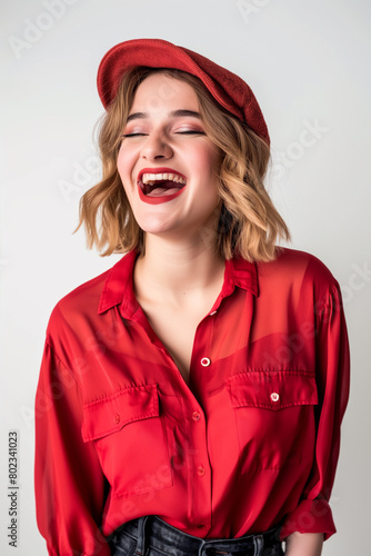 Mulher com roupas vermelhas e chapéu rido no fundo braco photo