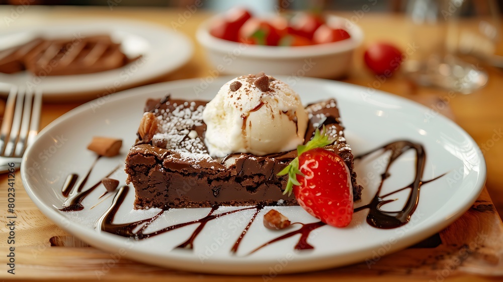 brownie dessert with ice cream on the wodden plate brownie dessert with ice cream on the wodden plate