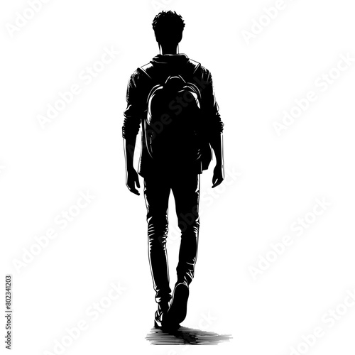 Man walking with urban backpack silhouette. Vector illustration