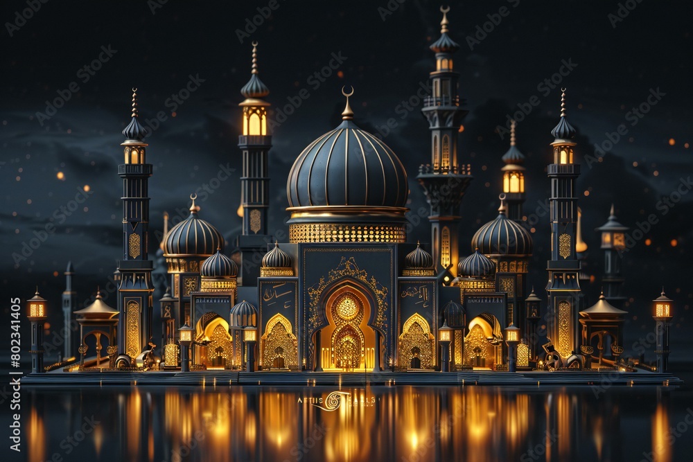  illustration of mosque at night,  Ramadan Kareem background
