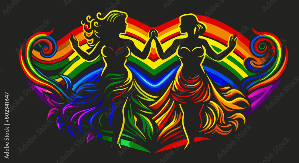 Vibrant illustration featuring two women holding hands with a backdrop of flowing rainbow colors, symbolizing lesbian pride and the beauty of lgbt relationships in a stylized artistic representation