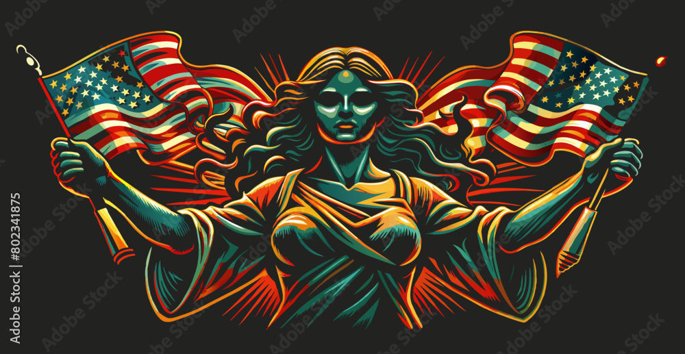 Artistic representation of women radiating strength and patriotism as they hold american flags with pride, set against a vibrant, stylized background