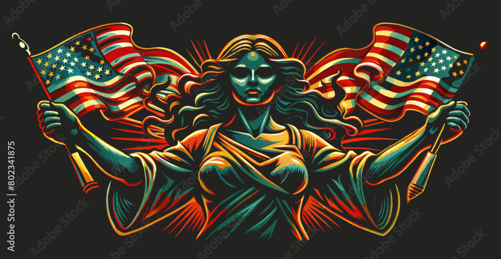 Obraz premium Artistic representation of women radiating strength and patriotism as they hold american flags with pride, set against a vibrant, stylized background