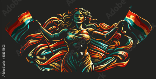 Artistic representation of two powerful women proudly wielding lgbt rainbow flags, celebrating diversity and the freedom of self-expression with a dynamic and vibrant illustration