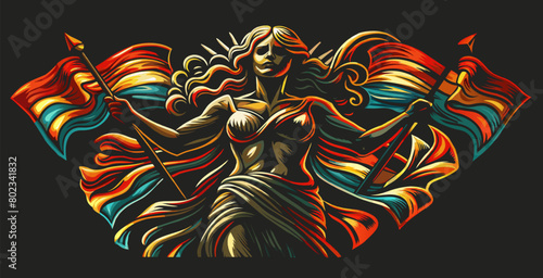 Illustrative representation of a strong female figure brandishing rainbow flags, symbolizing lgbt pride and empowerment with vibrant, flowing colors against a dark backdrop