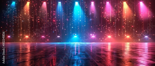 A stage set for a night of festivities with colorful lights shining brightly against a dark background awaiting performers for a concert or show. photo