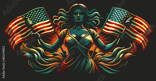 Artistic representation of a woman holding two american flags, symbolizing patriotism with vibrant colors against a dark backdrop, embodying the spirit of the usa in a dynamic pose