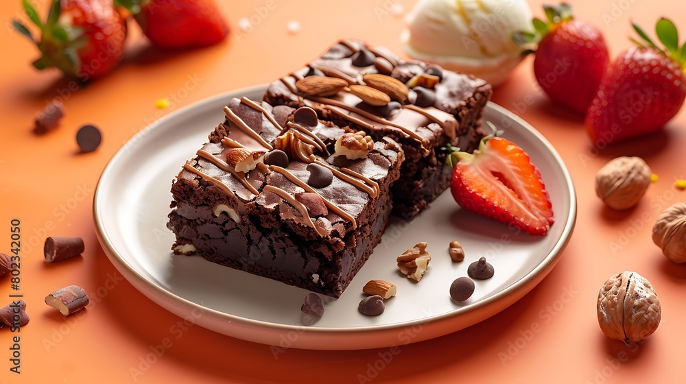 Chocolate brownie pieces with nuts strawberry and ice cream on a plate on a orange background Chocolate brownie pieces with nuts strawberry and ice cream on a plate on a orange background