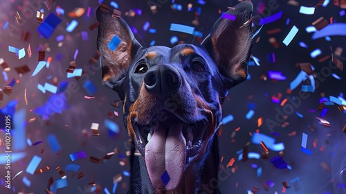 A delighted Doberman, tongue out savoring the moment, with a claret glass, amidst sapphire confetti, Photorealistic, photo