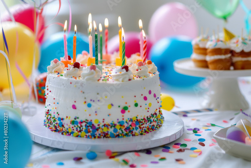 vibrant birthday cake with lit candles  surrounded by colorful balloons and confetti  on a white tablecloth