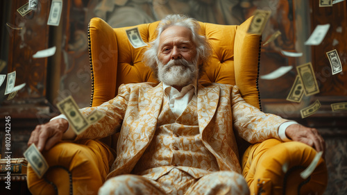 elderly gentleman reclines on a gilded throne, surrounded by swirling currency, symbolizing wealth and abundance photo