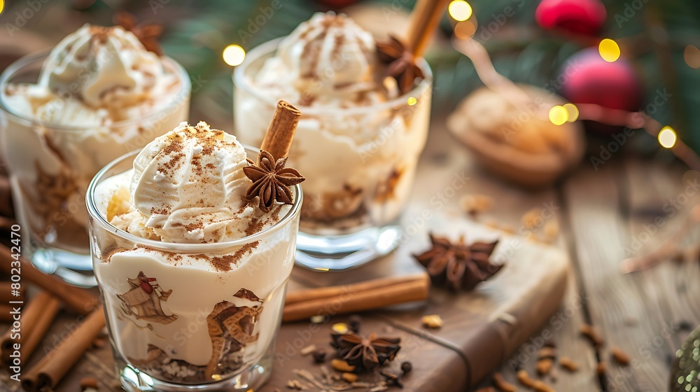 Christmas dessert Homemade Eggnog or Gingerbread Ice Cream with Cinnamon anise spices old wooden background with xmas decorations Christmas dessert Homemade Eggnog or Gingerbread Ice Cream with Cinnamon anise spices old wooden background with xmas decorations
