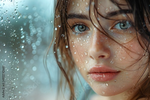 Portrait of a beautiful young brunette woman in the rain