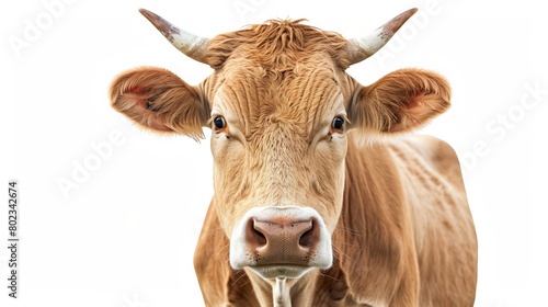 Portrait of a cow with horns isolated over white background