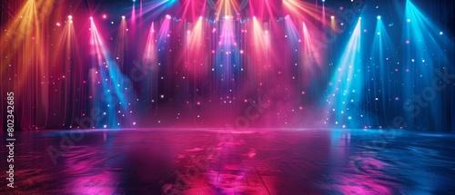 A stage set for a night of festivities with colorful lights shining brightly against a dark background awaiting performers for a concert or show.
