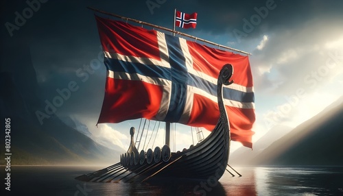 Realistic illustration for norway constitution day with a viking ship adorned with the colors of the norwegian flag. photo