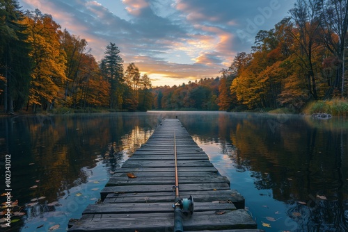 autumn landscape with lake. fishing rod on wooden background. Ai generated © corkmaxim