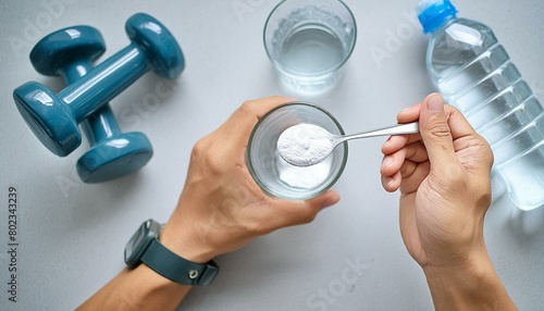 Top view of a man with a measuring spoon with creatine powder sports food supplement. A glass of water, bottle of water and dumbbells in the composition.
