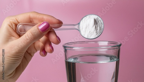 Macro view of a woman's hand with a measuring spoon with creatine powder sports food supplement. A glass of water in the composition.
