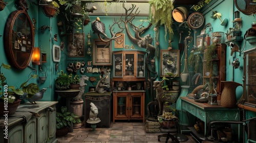 AI-generated photo of a cluttered room with a green wall, containing various objects such as taxidermy, plants, and books. photo