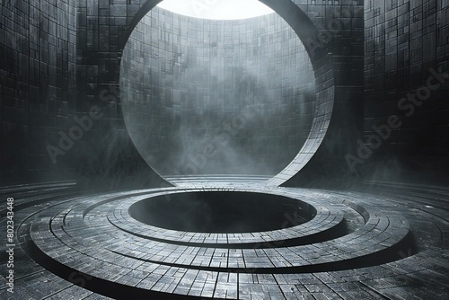  rendering of a dark futuristic room with a round podium in the middle photo