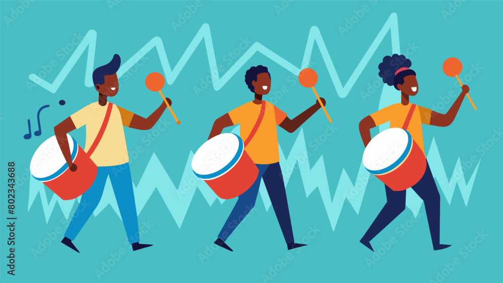 The rhythmic pulse of drums igniting a sense of pride and empowerment a the marchers as they honor the legacy of Juneteenth.. Vector illustration The rhythmic pulse of drums igniting a sense of pride and empowerment a the marchers as they honor the legacy of Juneteenth.. Vector illustration