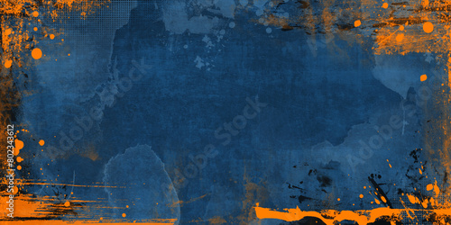 Abstract black and orange on a blue grunge background with some stains
