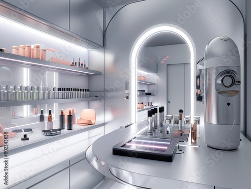 The image shows a modern and futuristic beauty salon © Ekarat