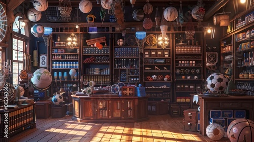 The photo shows a vintage store with many items on the shelves. There are also some balls on the shelves. The store looks very old and dusty. photo