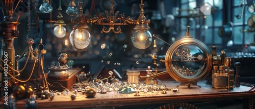 The photo shows a cluttered workbench with various steampunk accessories.