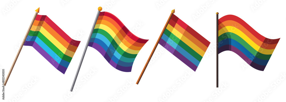 Vibrant collection of four rainbow flags, representing lgbt pride, depicted in various positions and flowing movements set, isolated on a white background, symbolizing diversity and inclusion Vibrant collection of four rainbow flags, representing lgbt pride, depicted in various positions and flowing movements set, isolated on a white background, symbolizing diversity and inclusion