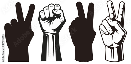 Set of four black and white vector silhouettes featuring a peace sign and raised fists, symbolizing unity, strength, victory, and defiance in a minimalist style